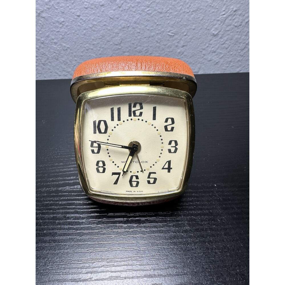Vintage Westclox Travel Alarm Clock Brown Folding Clamshell Case Hand Eliminate